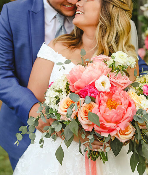 closeup pink wedding bouquet